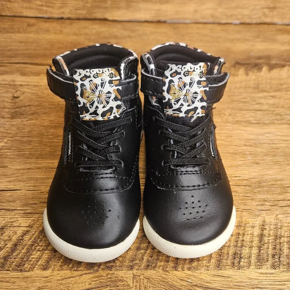 Reebok Black Leopard print high top hook loop sneaker size 5
